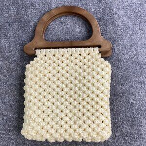 Vintage 70s‎ Macrame Handbag Cream Wooden Handles Boho Handmade Purse Festival